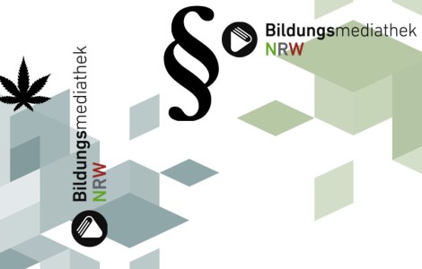 Symbole: Paragraph und Hanfblatt sowie Wort-Bild-Marke der Bildungsmediathek NRW.