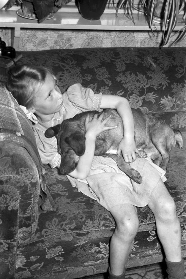 Ein Kind liegt mit einem Hund auf dem Sofa.