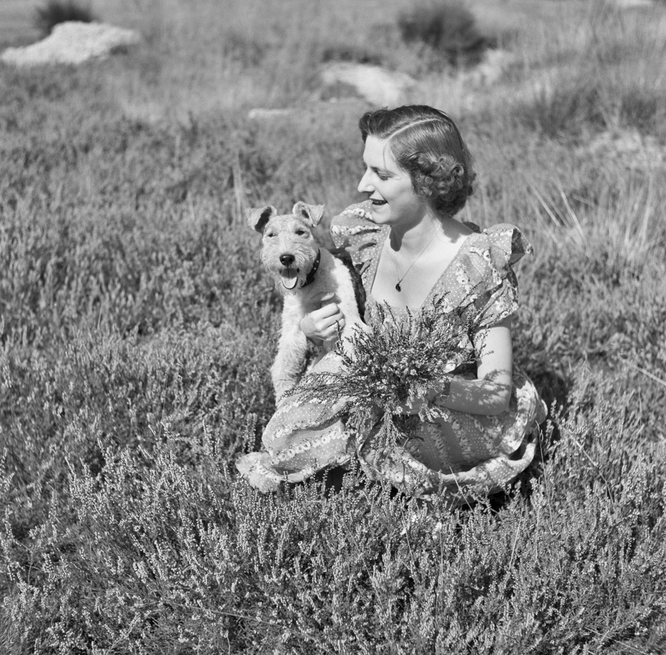 Eine Frau sitzt mit einem Hund auf der Wiese.