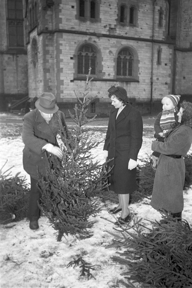 Zwei Frauen und ein Mann stehen neben einem Tannenbaum.