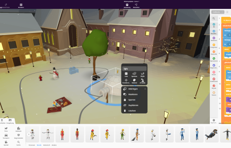 Projektumgebung bei Delightex mit ausgeklappter Bibliothek und Programmierbereich.