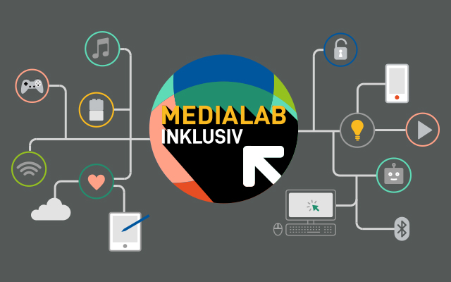 MediaLab Inklusiv-Logo mit Symbolen auf grauem Hintergrund