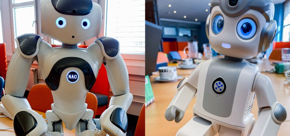 Nao Roboter links, Alpha Mini Roboter rechts