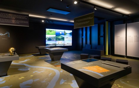 Videowand in den Ausstellungsräumen der Landesausstellung Limes.