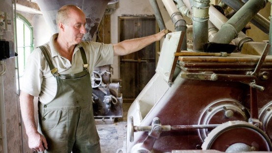 Der Müller der Horbacher Mühle in Neunkirchen-Seelscheid kontrolliert das Mahlwerk der Kornmühle