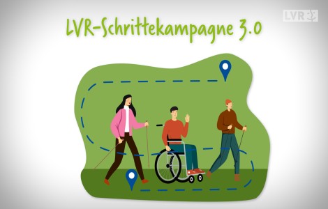 Startbild des Erklärfilms mit drei animierten Personen die gehen, eine Frau, ein Rollstulfahrer, ein Mann.