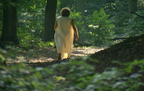 Ein Mann in einem Gewand im Wald