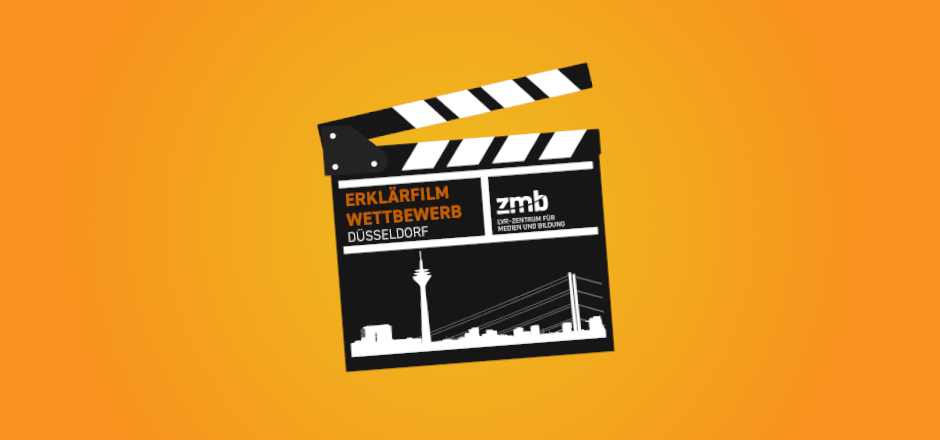 Eine Filmklappe mit der Aufschrift Erklärfilmwettbewerb und der Düsseldorfer Skyline vor gelbem Hintergrund