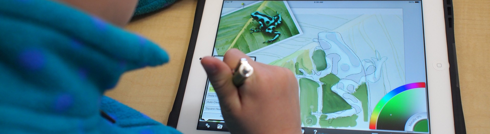 Die Kamera schaut einem Kind über die Schulter auf ein iPad hinab, auf dem der Junge ein vorgefertigtes Bild von einem Frosch auf einem Blatt mit verschiedenen Grüntönen ausmalt.