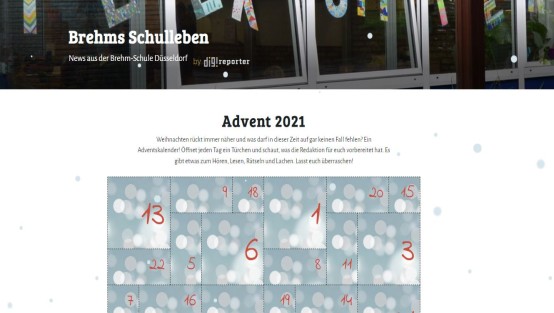Screenshot der Seite Brehms Schulleben, unter dem Header ist ein Adventskalender zu sehen, auf der Seite 