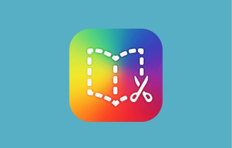 Vor einem bunten Hintergrund ist ein Buch in gestrichelten Linien gezeichnet, rechts unten befindet sich eine Schere