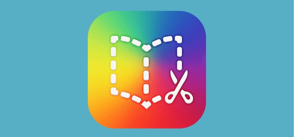 Vor einem bunten Hintergrund ist ein Buch in gestrichelten Linien gezeichnet, rechts unten befindet sich eine Schere.