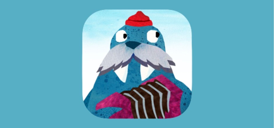 Ein Walross mit einer roten Mütze spielt Akkordeon