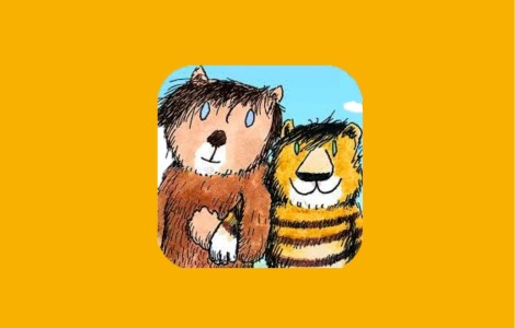 Gezeichnetes Bild. Kleiner Bär und kleiner Tiger Arm in Arm