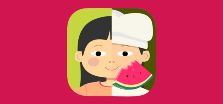 Ein Kind mit zwei Gesichtshälften. Die eine Seite trägt eine Kochmütze und hat eine Wassermelone in der Hand.